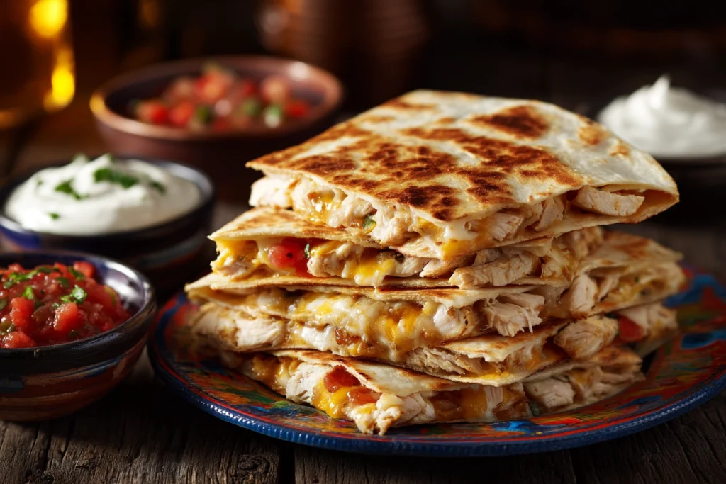 Crispy chicken quesadilla wedges served with salsa and sour cream.
