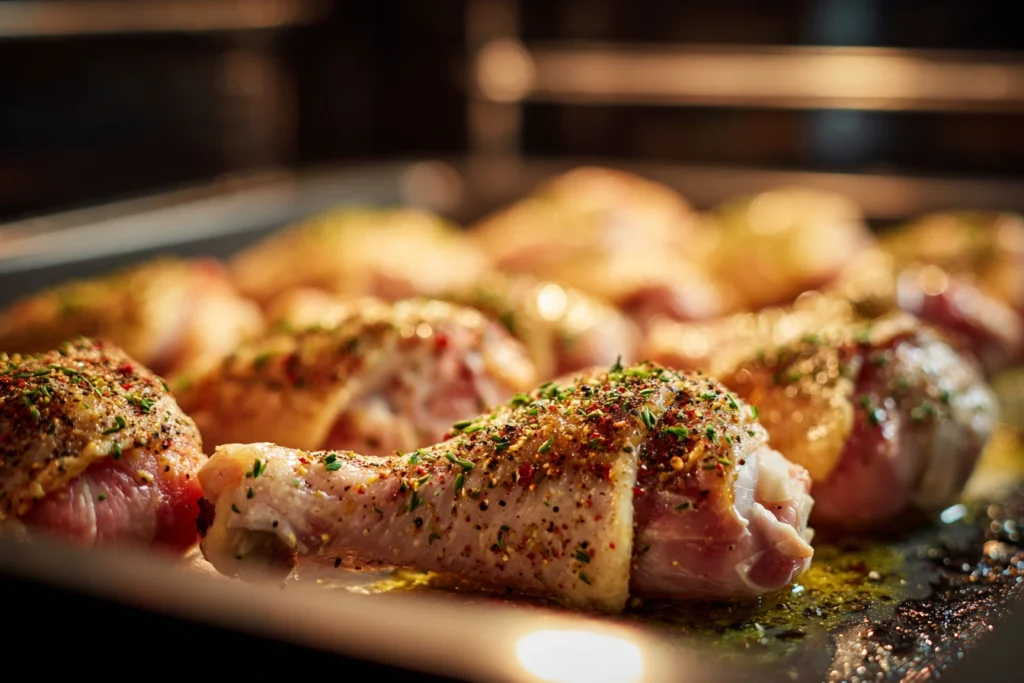 Seasoned chicken legs arranged on a baking sheet ready to go in the oven.