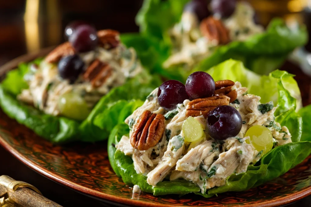 Best chicken salad recipe served with grapes and pecans in lettuce wraps
