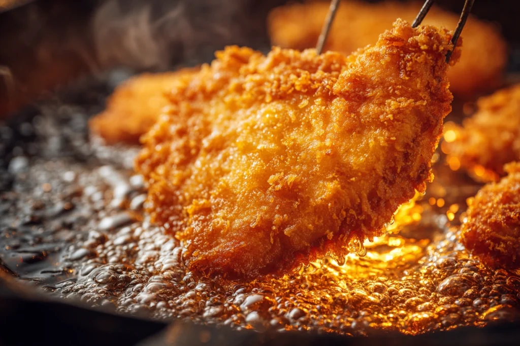 Fried chicken fillet with golden crispy coating for sandwich