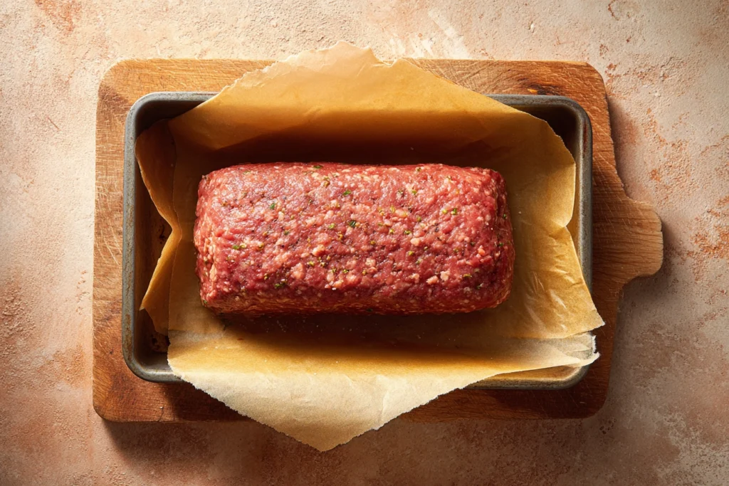 Uncooked meatloaf shaped in loaf pan before baking