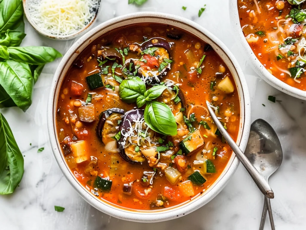 Bowl of vegetarian lasagna soup with eggplant and zucchini.