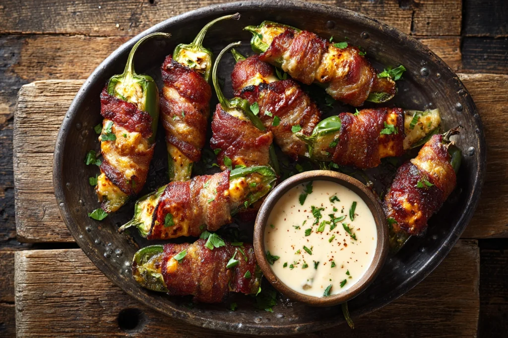 Platter of baked jalapeño poppers wrapped in smoky meat strips with dipping sauce.