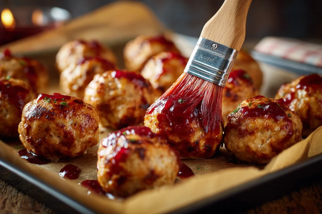 Baked chicken meatballs being brushed with tangy cranberry glaze.
