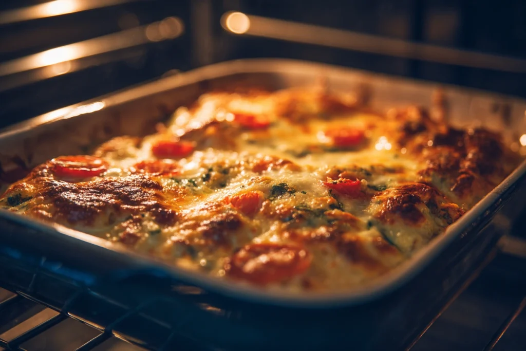 Cheesy burger casserole baking in oven with golden bubbly cheese.