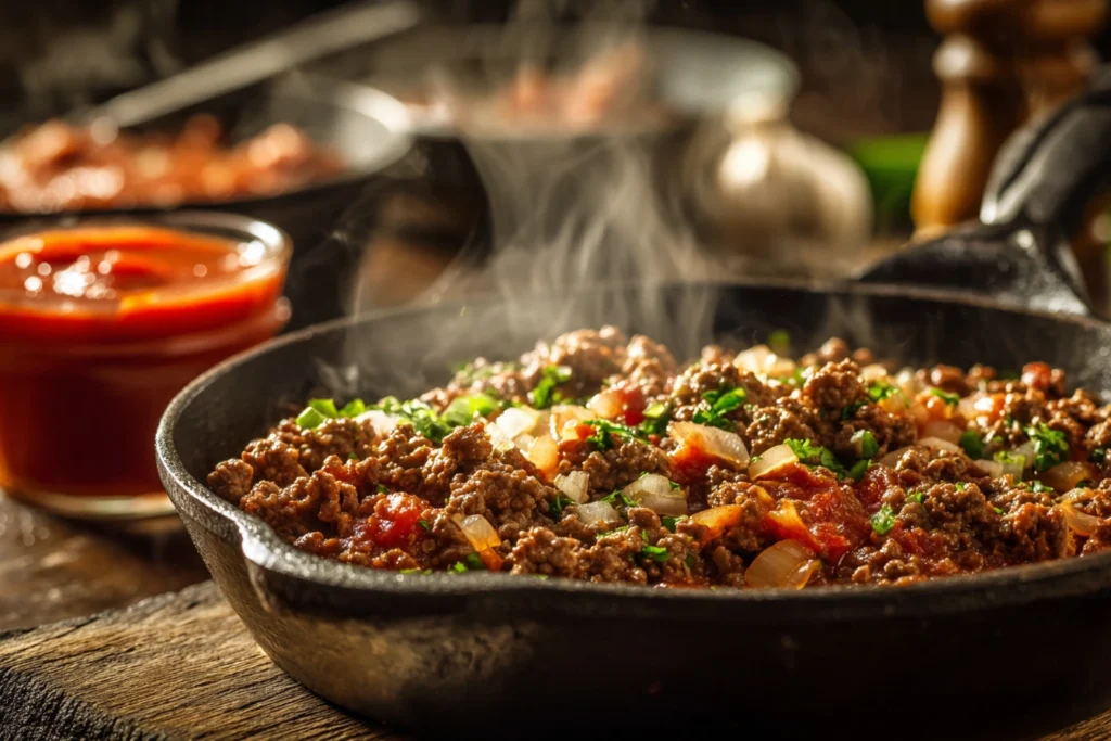 Ground beef and onion cooking in skillet for cheesy burger casserole.