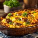 Golden baked cheesy burger casserole topped with melted cheddar and parsley.