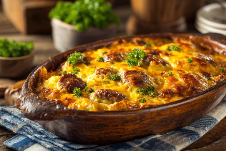 Golden baked cheesy burger casserole topped with melted cheddar and parsley.
