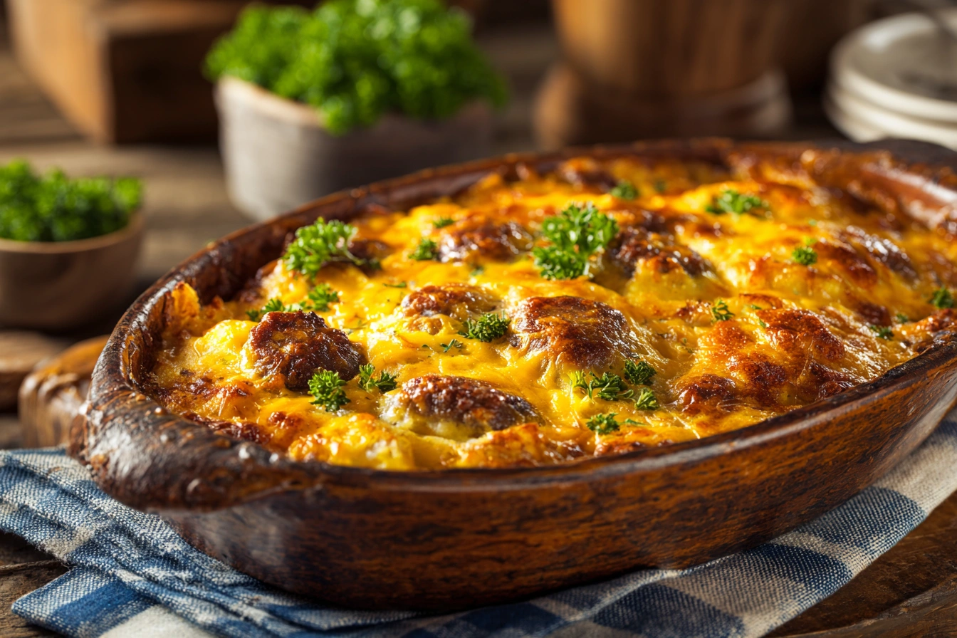 Golden baked cheesy burger casserole topped with melted cheddar and parsley.