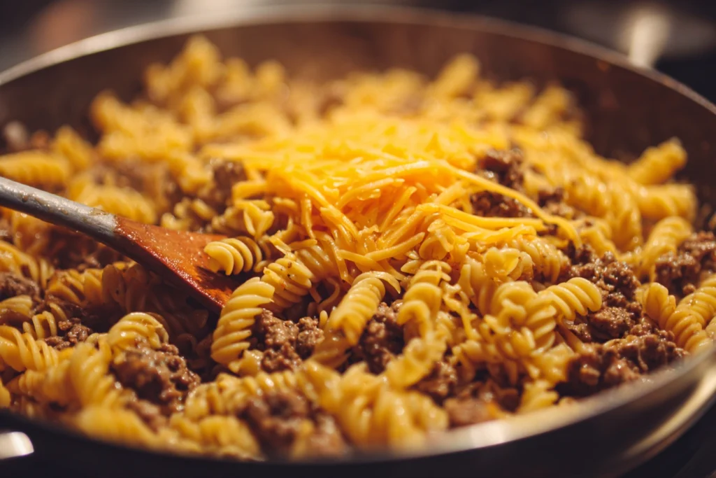 Combining pasta, beef, and cheese for cheesy burger casserole.