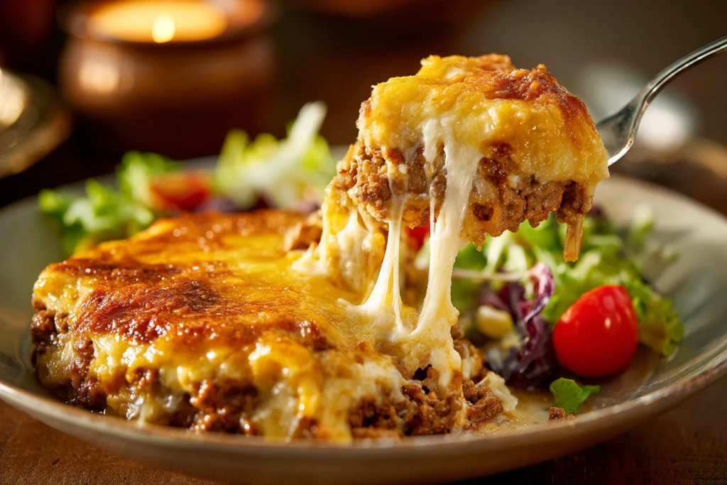 Plated serving of cheesy burger casserole with side salad.