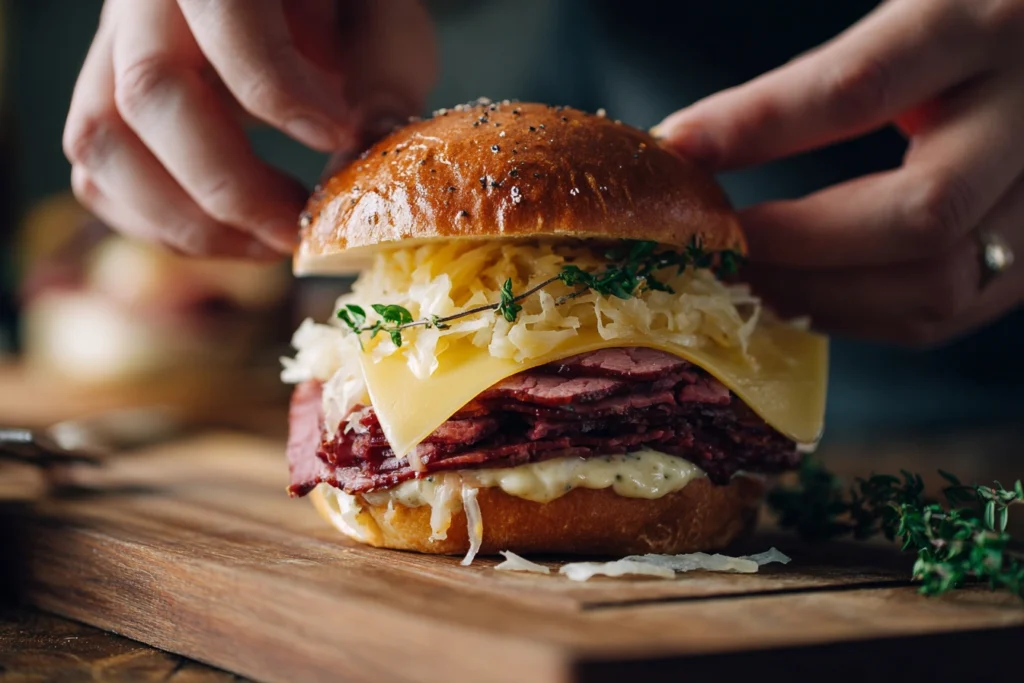 Assembling corned beef burger with layers of cheese and sauerkraut