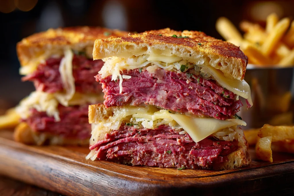 Cross-section of corned beef burger showing melted cheese and layers