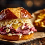 Juicy corned beef burger with Swiss cheese and sauerkraut on a toasted bun