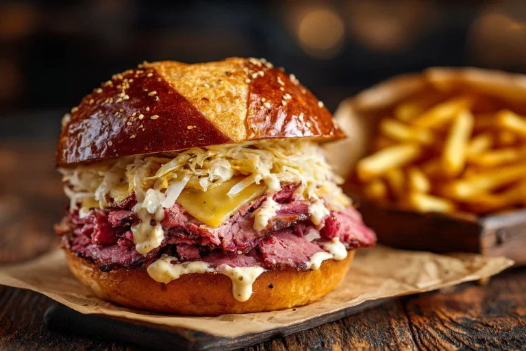 Juicy corned beef burger with Swiss cheese and sauerkraut on a toasted bun