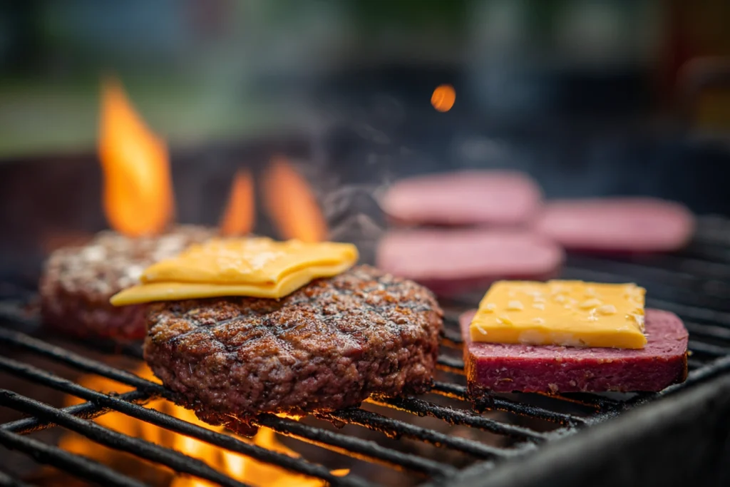 Grilling burger patties and corned beef slices with melting cheese