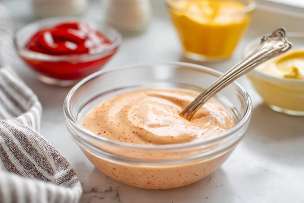 Mixing creamy Thousand Island-style burger sauce in a bowl