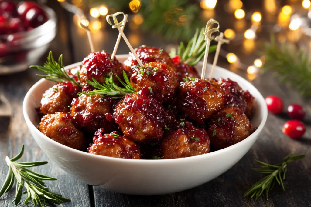 Festive cranberry chicken meatballs served as bite-size appetizers with cranberry glaze.