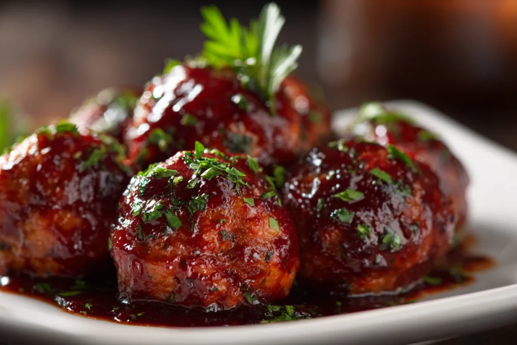 Close-up of cranberry chicken meatballs glazed in sweet and tangy cranberry sauce.