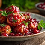 Juicy cranberry chicken meatballs coated in glossy cranberry glaze on a rustic plate.