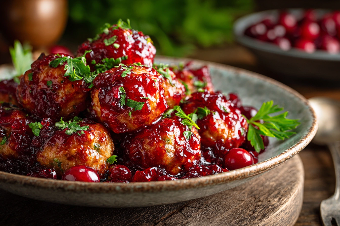 Juicy cranberry chicken meatballs coated in glossy cranberry glaze on a rustic plate.