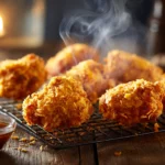 Crispy baked chicken pieces cooling on a wire rack with golden skin