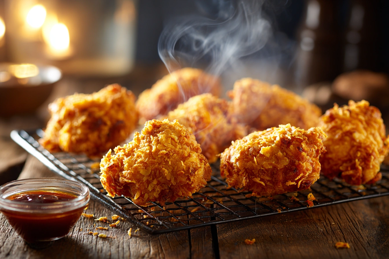 Crispy baked chicken pieces cooling on a wire rack with golden skin