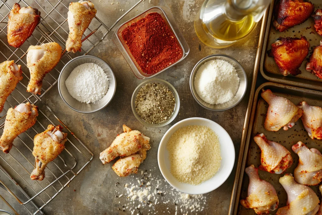 Mise en place of crispy baked chicken ingredients on a wooden table.