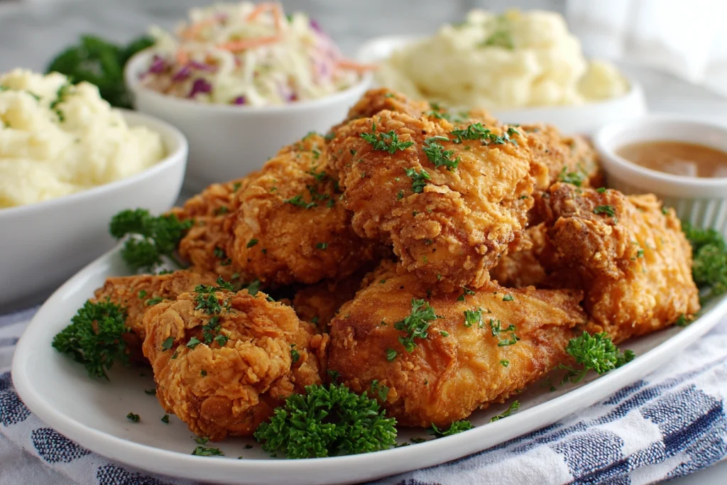 Golden crispy baked chicken served on a platter with dipping sauces and sides