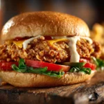 Close-up of a crispy chicken burger with golden fried patty, lettuce, tomato, and sauce on a brioche bun.