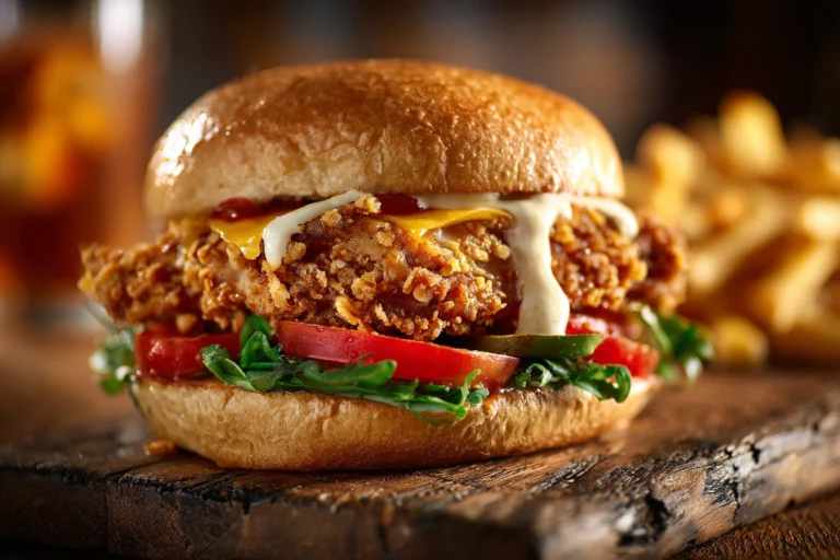 Close-up of a crispy chicken burger with golden fried patty, lettuce, tomato, and sauce on a brioche bun.