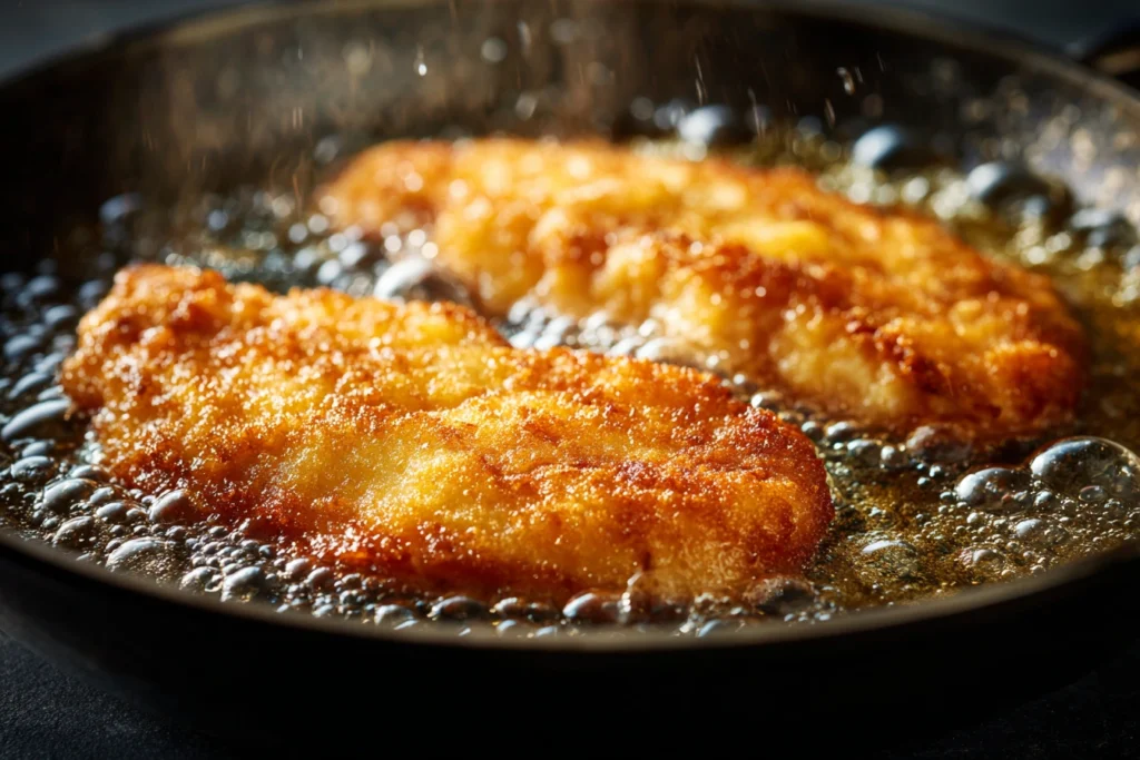 Golden crispy chicken frying in a pan with bubbling oil.