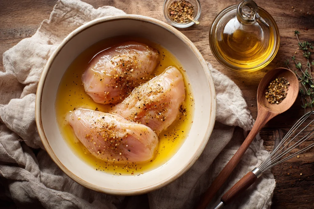 Chicken breasts marinating in buttermilk and spices in a glass bowl.