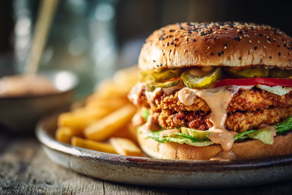 Stacked crispy chicken burger with fries and sauce on the side.