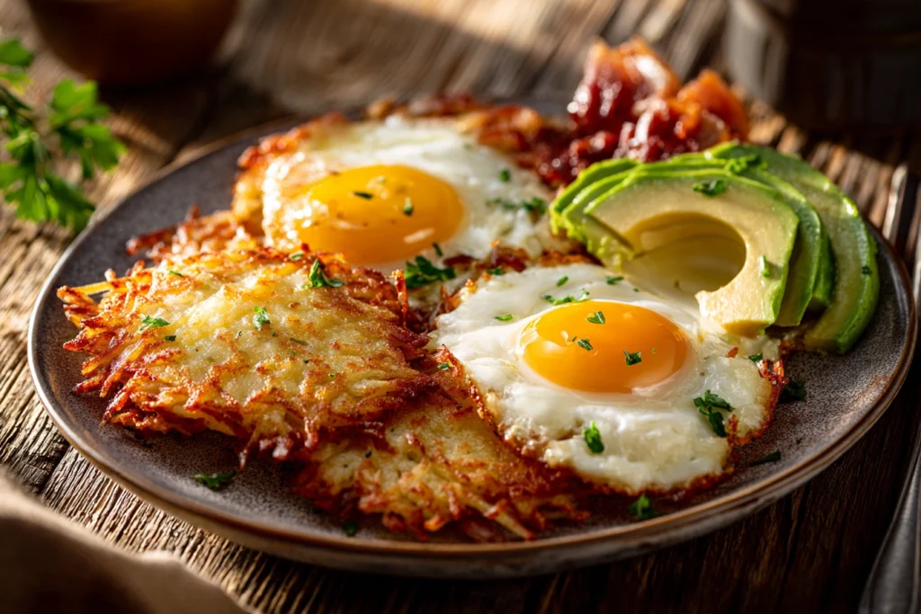 Crispy oven-baked hash browns served with eggs, bacon, and avocado.