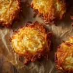 Golden crispy oven-baked hash browns on a parchment-lined sheet pan.