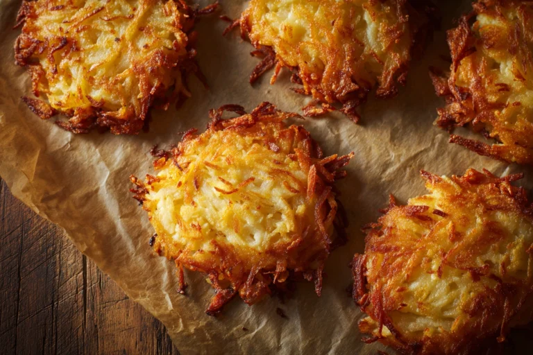 Golden crispy oven-baked hash browns on a parchment-lined sheet pan.