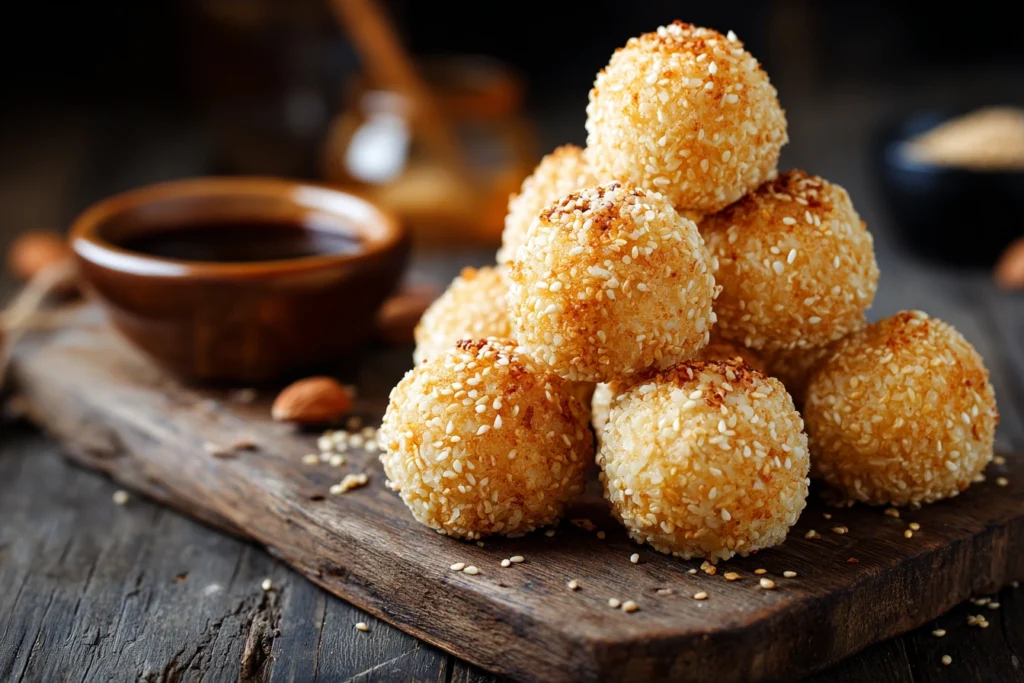 Golden crispy rice balls stacked on a wooden board with dipping sauce.