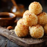 Golden crispy rice balls stacked on a wooden board with dipping sauce.