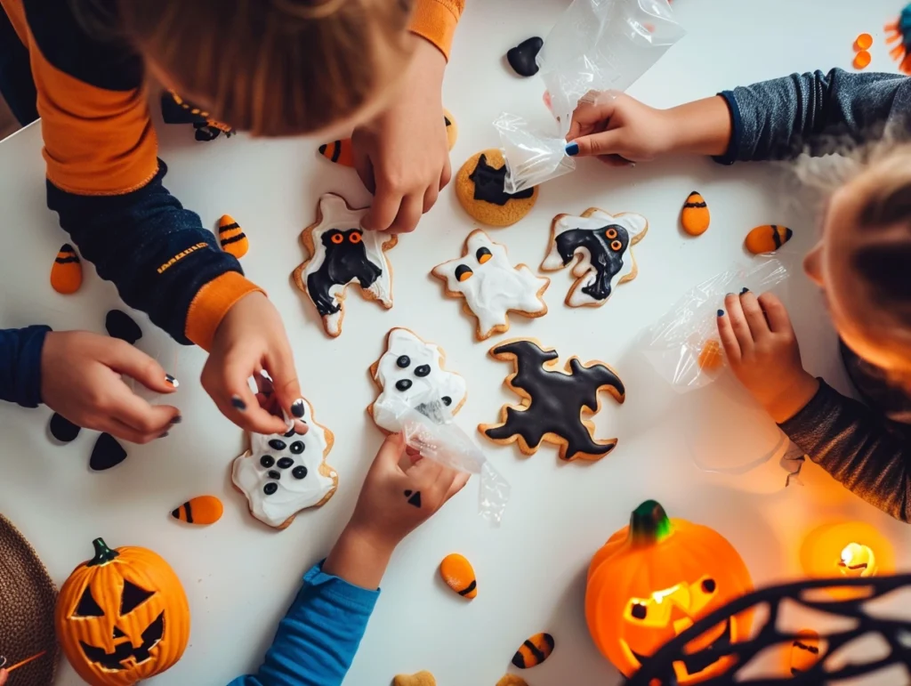 Kids decorating Halloween cookies with icing, candy eyes, and sprinkles.