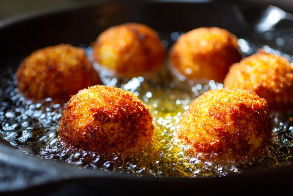 Rice balls frying in a skillet with bubbling oil.