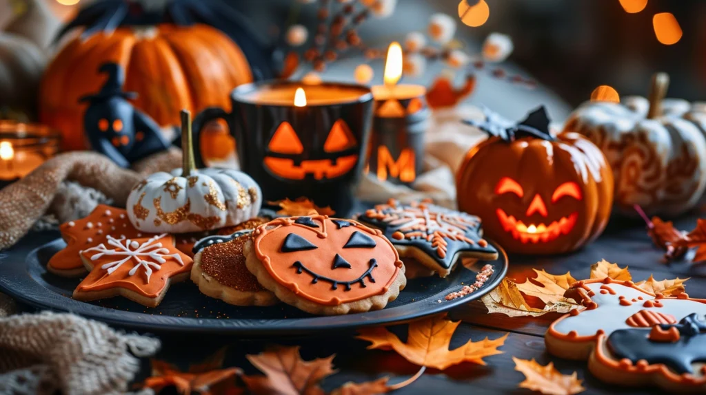 Festive Halloween cookie platter with candy, pumpkins, and a cup of spiced latte.