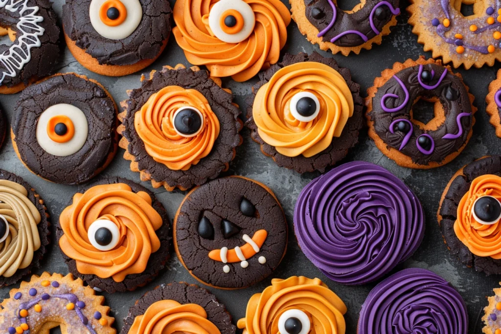 Assorted Halloween cookie variations: chocolate monster cookies, pinwheel swirl cookies, and pumpkin spice shapes.