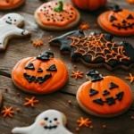 Decorated Halloween cookies with pumpkins, ghosts, and bats on a wooden table.