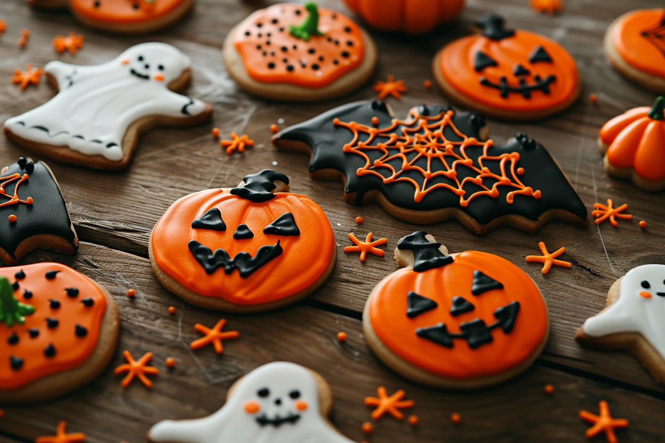 Decorated Halloween cookies with pumpkins, ghosts, and bats on a wooden table.