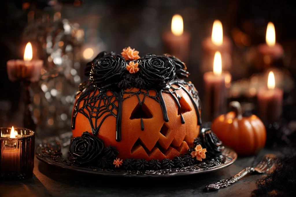 Vintage Halloween pumpkin-face cake with black roses and spiderweb drip icing