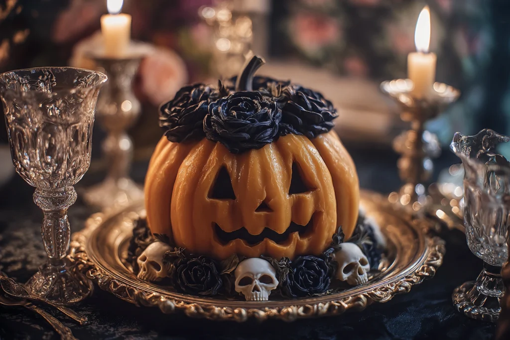 Vintage Halloween pumpkin-face cake with black roses and small skull accents