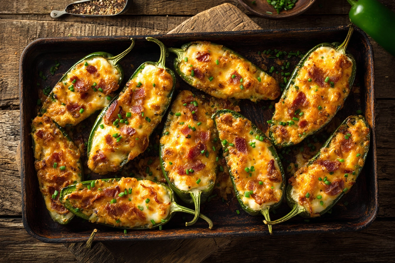 Golden baked jalapeño poppers with melted cheese and crispy bacon on a wooden table.