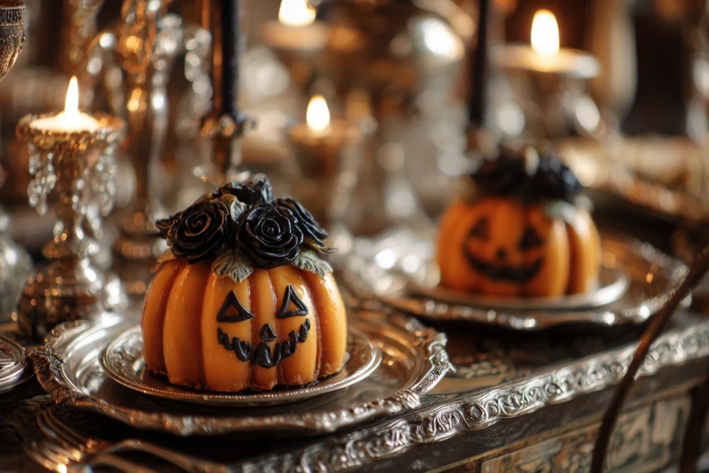 Mini vintage Halloween pumpkin-face cakes with black roses on silver trays