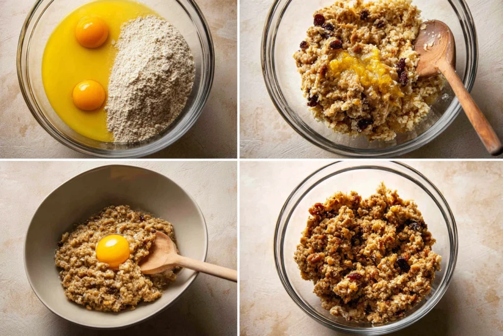 Mixing ground chicken, breadcrumbs, and egg to make cranberry chicken meatballs.